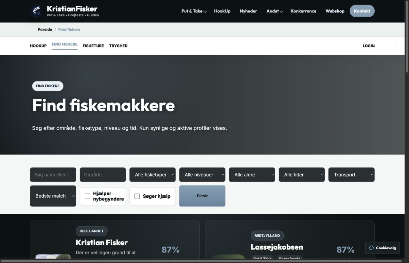 Find fiskemakkere med filtre og match-score i HookUp
