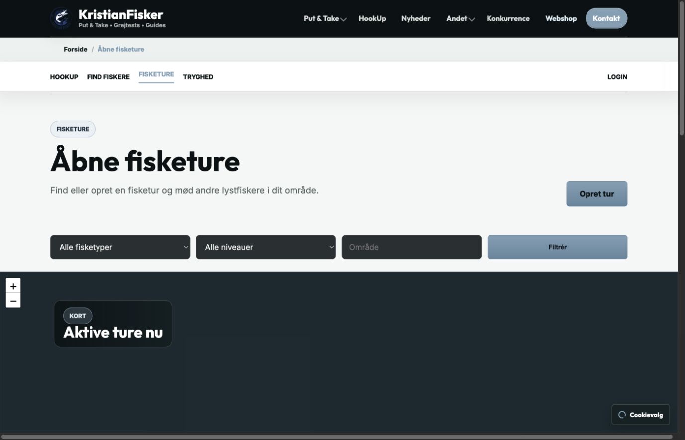 Åbne HookUp-fisketure vist på kort og som turliste