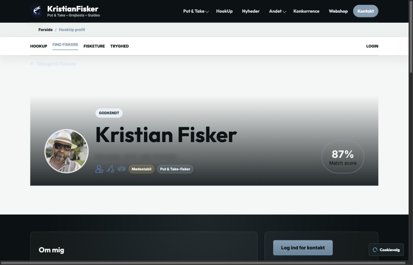 HookUp-profil med match-score, badges, aktivitet og kontaktmuligheder